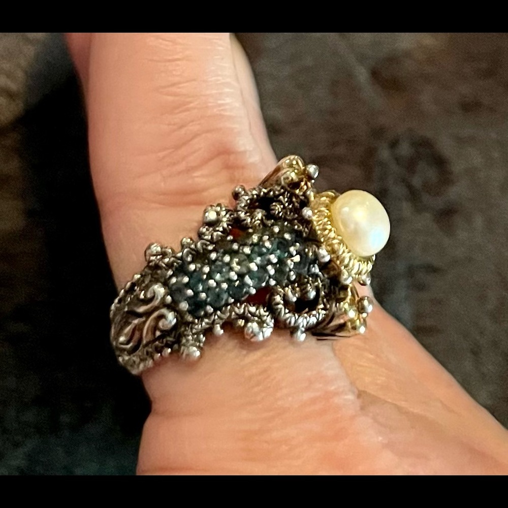 Gorgeous Barbara Bixby Blue Topaz, Pearl 925, 18k gold ring - Picture 5 of 8